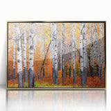 Framed acrylic print of Aspen, Colorado scenery in autumn with vibrant gold and orange leaves.