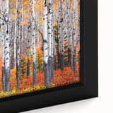 Close-up of a framed canvas depicting a textured Colorado Aspen scene in black with vibrant, colorful accents.