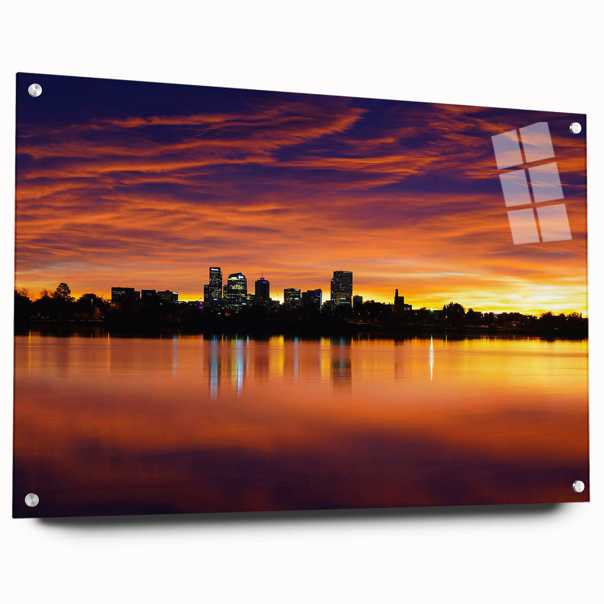 Acrylic print of Denver skyline in muted blue and gray tones, ideal for dining room decor.
