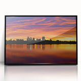 Large abstract wall art depicting the Denver skyline in muted gray and blue tones on a framed acrylic print.
