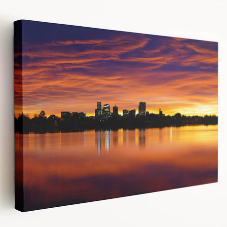 Denver skyline depicted in muted earth tones on a large stretched canvas, suitable for kitchen wall art.
