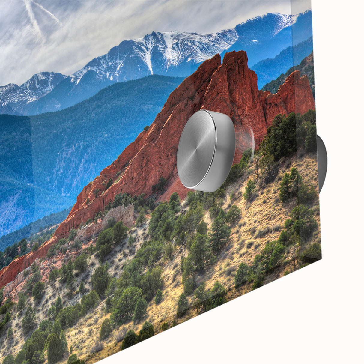 Large abstract wall art depicting the Colorado Springs landscape in muted earth tones on acrylic glass.