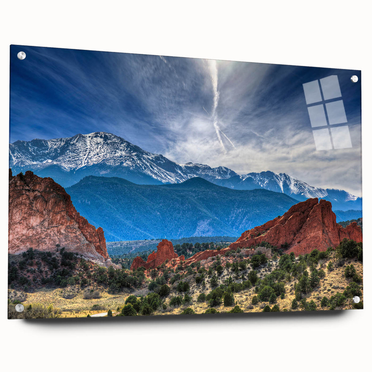Acrylic print of Colorado Springs scenery in broad, muted earth tones, ideal for bedroom or dining room decor.