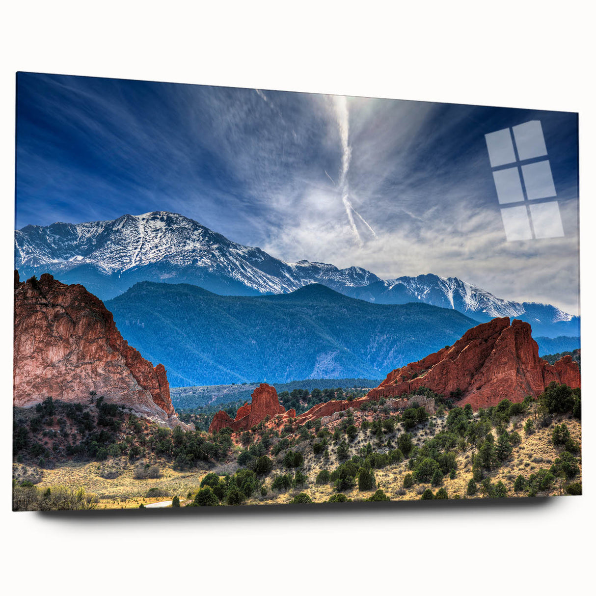 Large abstract wall art of Colorado Springs in muted earth tones on acrylic glass, suitable for bedroom or dining room decor.