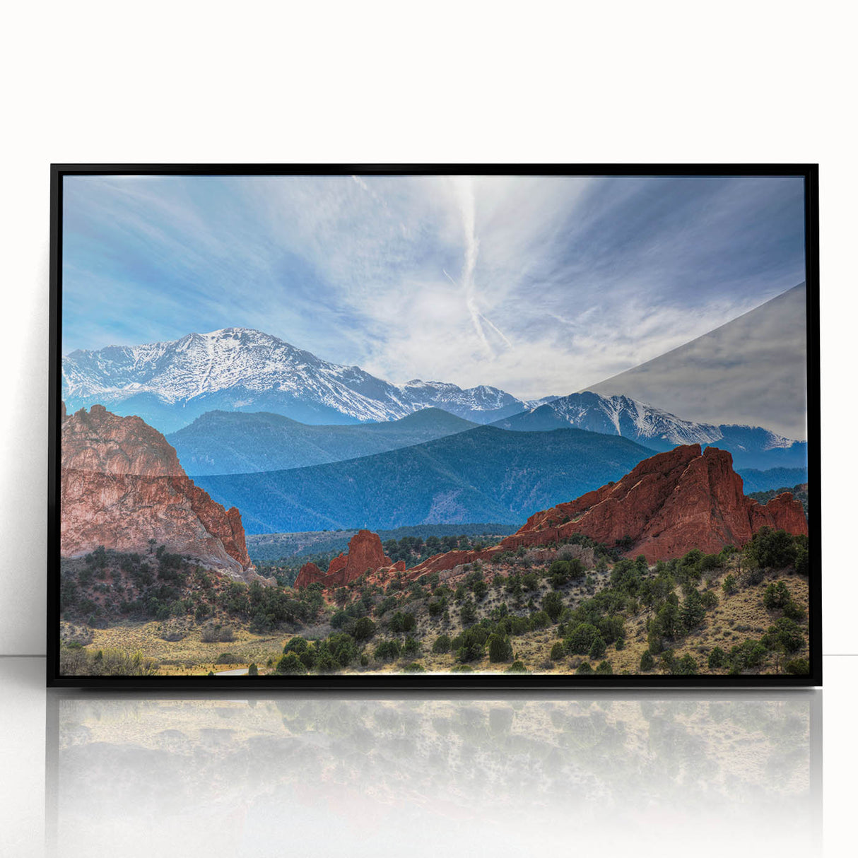Large abstract wall art featuring a mid-century modernist depiction of Colorado Springs in muted earth tones.