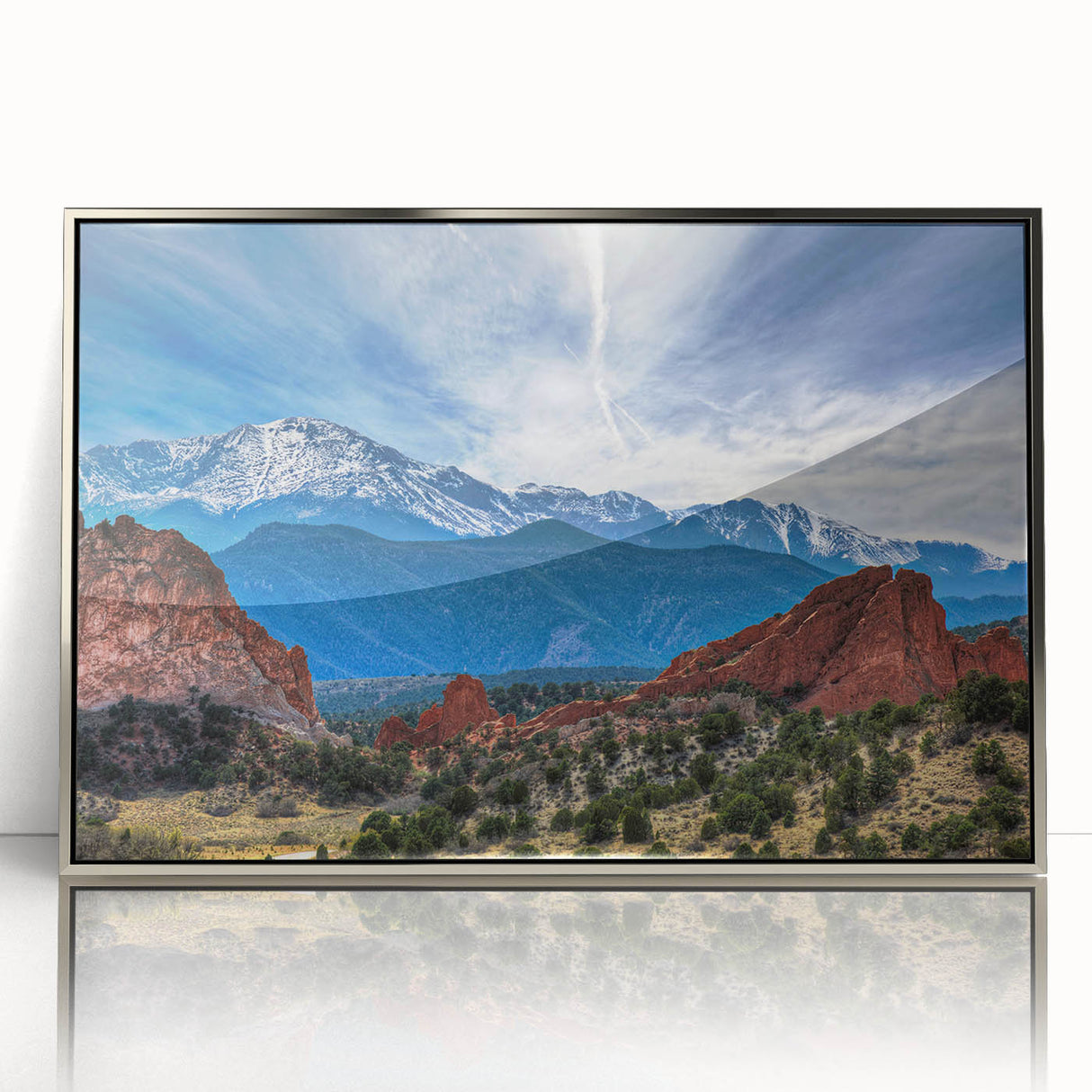Mid-century modernist art depicting Colorado Springs scenery in acrylic, framed in silver, suitable for nursery wall art.