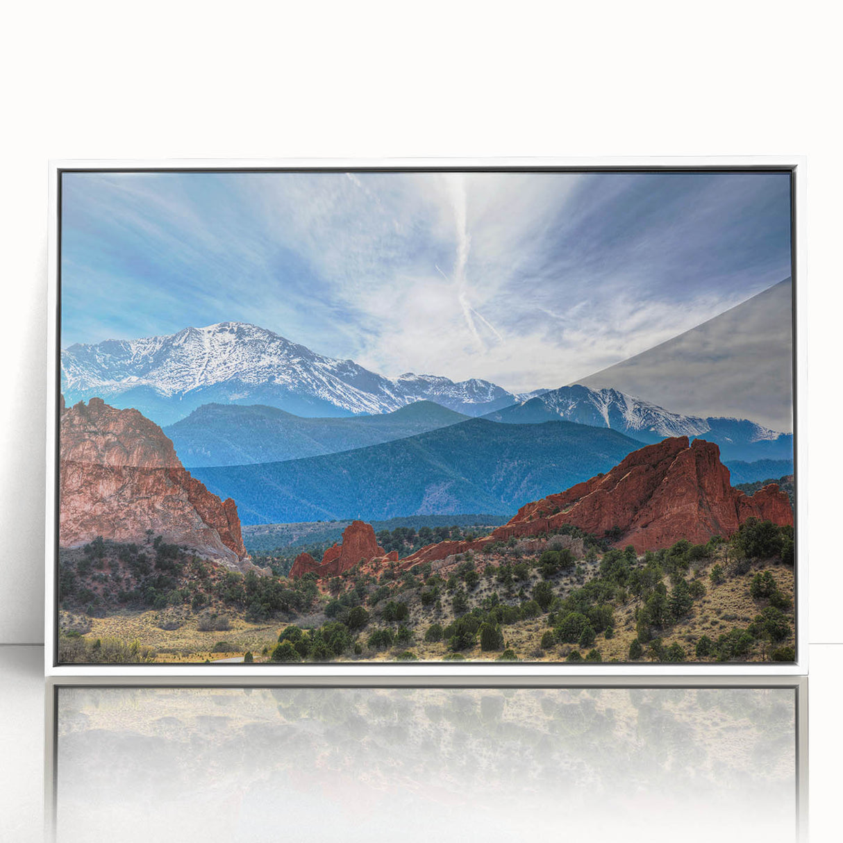 Acrylic print of Colorado Springs scenery in art deco style, framed in white, suited for modern nursery decor.