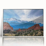 Acrylic print of Colorado Springs scenery in art deco style, framed in white, suited for modern nursery decor.