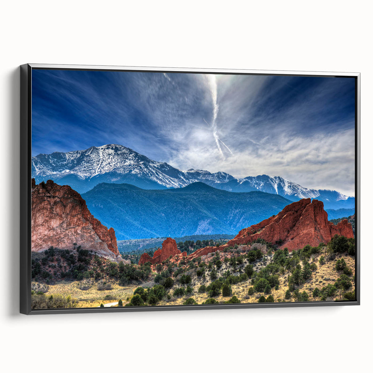 Black and white framed canvas of Colorado Springs landscape, ideal for bedroom wall art.