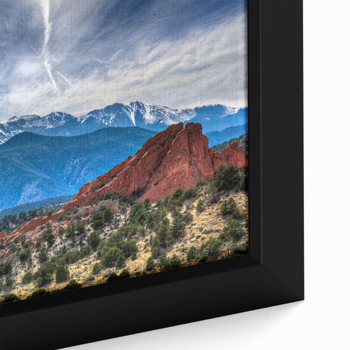 Extra large framed canvas featuring a textured depiction of Colorado Springs in black with colorful accents.
