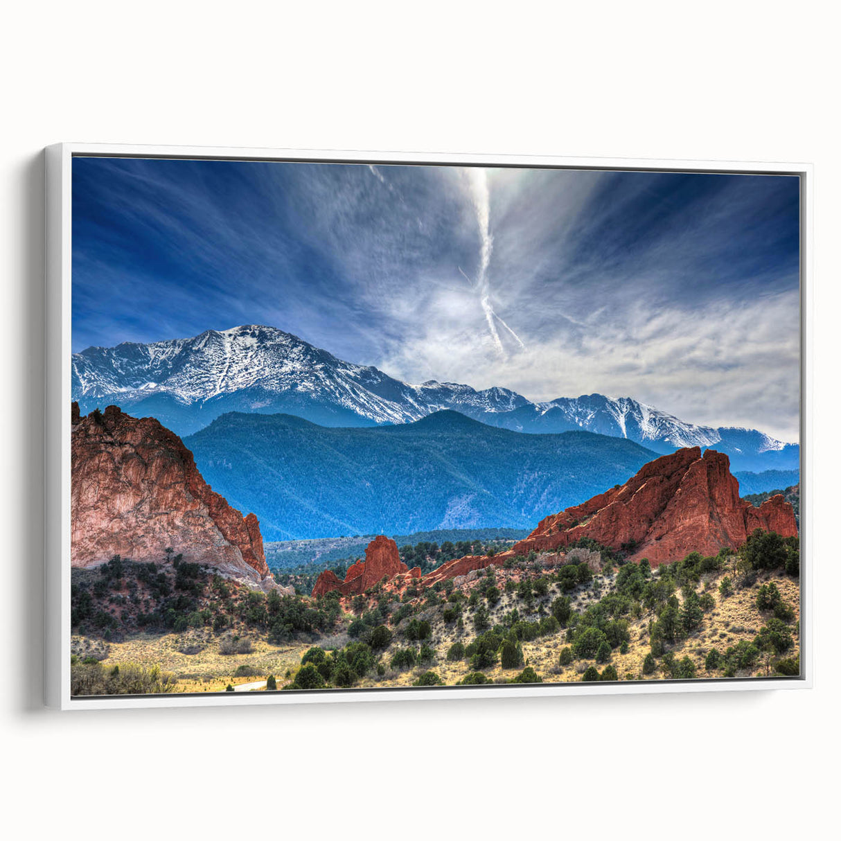 Vintage poster art of Colorado Springs with colorful palette on extra large framed canvas, ideal for living room decor.