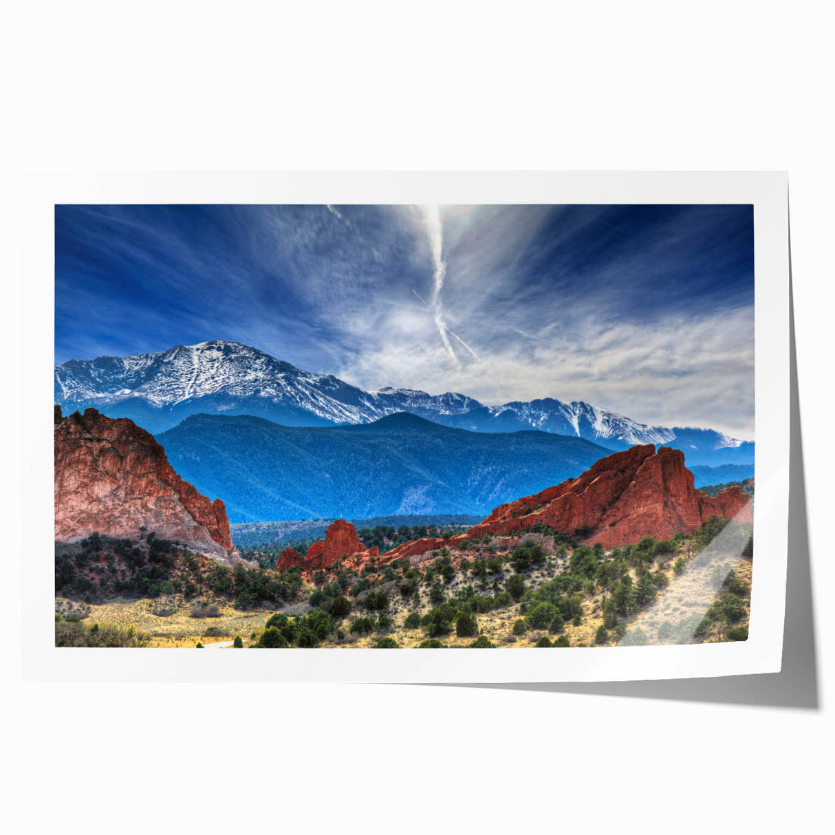 Rolled print of Colorado Springs scenery with vibrant green and blue tones, ideal for art wall dining room.