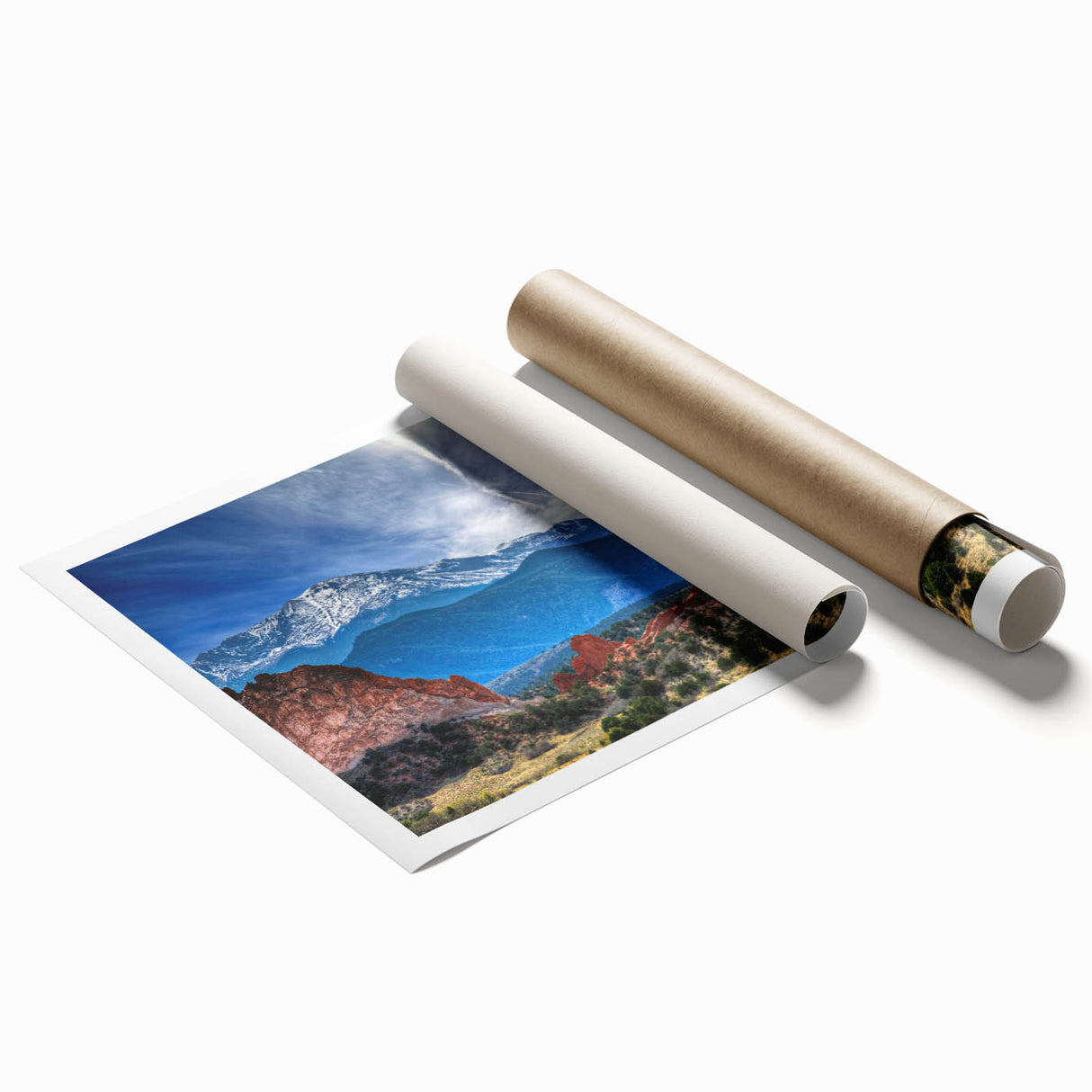 Extra large rolled print of Colorado Springs scenery with vibrant floral elements, ideal for classy bathroom wall art.