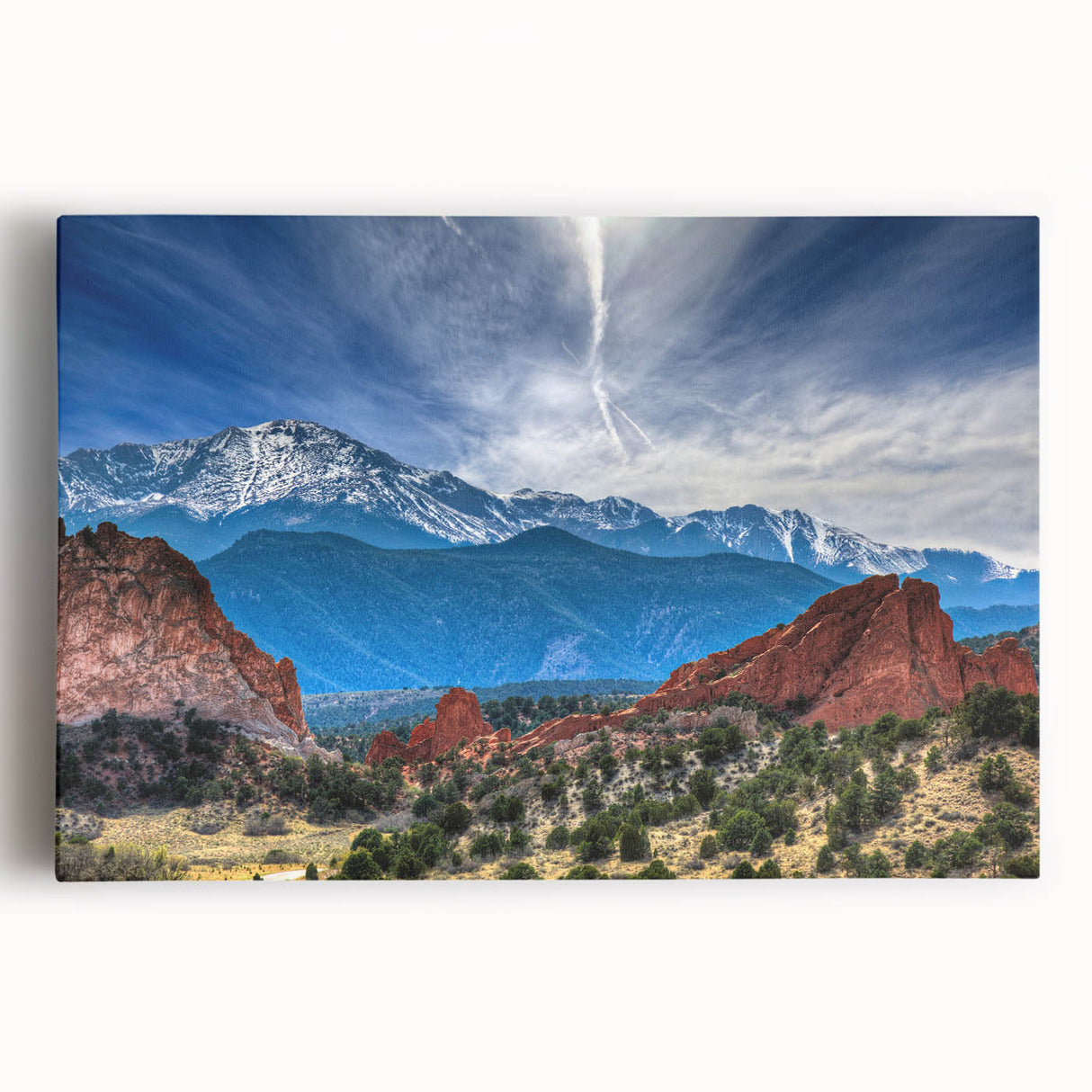 Black and white stretched canvas featuring a detailed view of Colorado Springs, ideal for kitchen art.