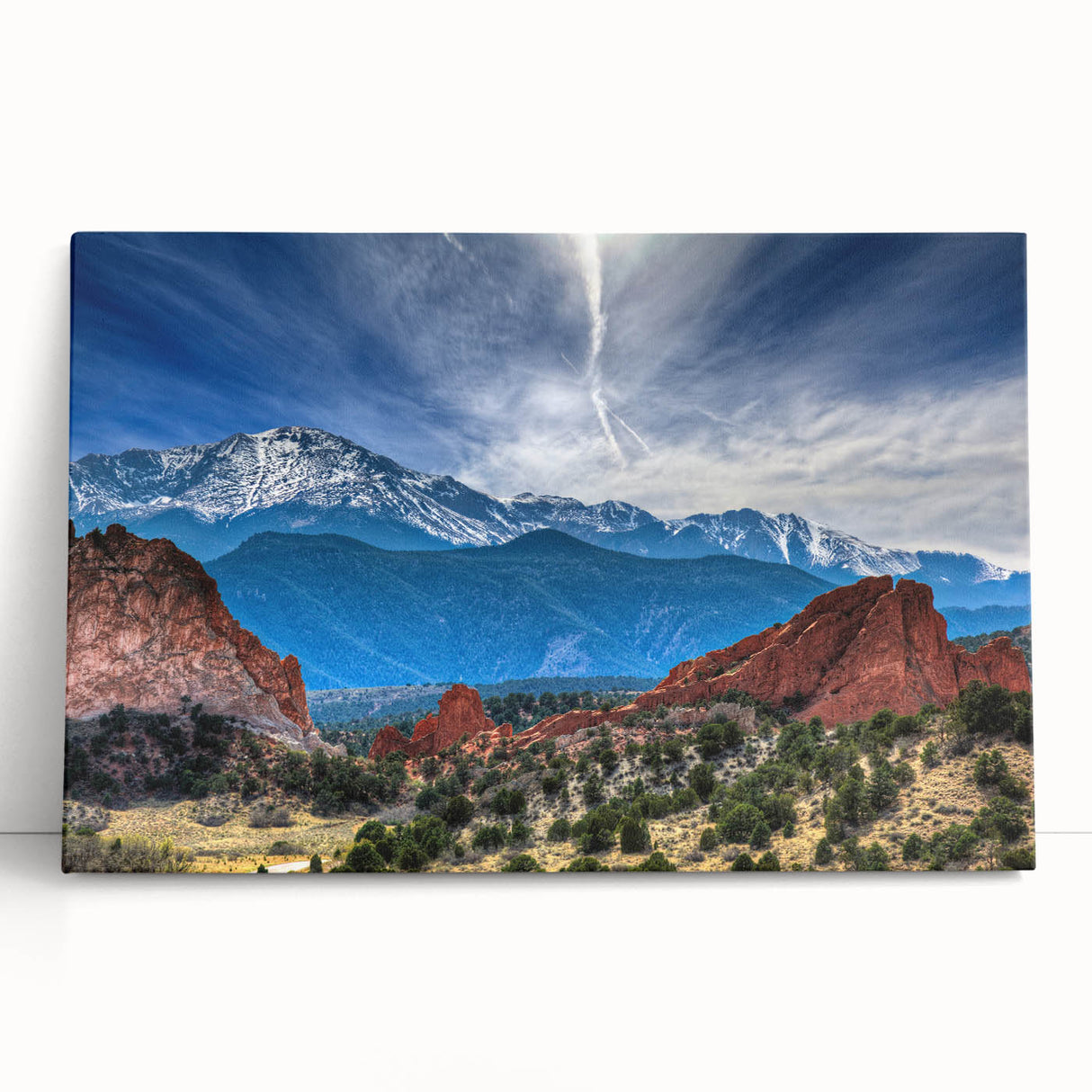 Black and white stretched canvas featuring a panoramic view of Colorado Springs, ideal for kitchen wall art.