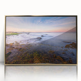 Mid-century modernist acrylic print of a Connecticut scenery in gold tones, ideal for modern art wall decor.