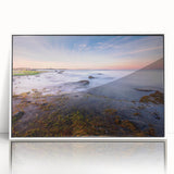 Art deco poster featuring a serene Connecticut landscape in muted green and blue tones, acrylic print framed in white.