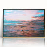 Large art print of Daytona scenery in mid-century modernist style, acrylic framed in gold.