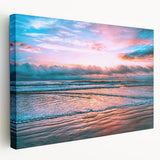 Daytona beach scene printed on large stretched canvas, featuring vibrant blue and sandy tones, ideal for kitchen wall art.