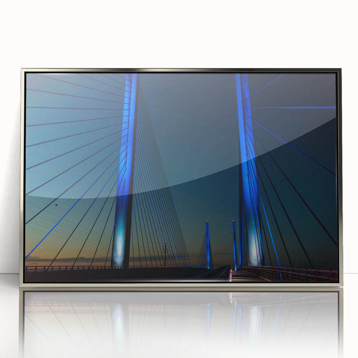 Mid-century modernist art depicting Delaware scenery in muted blue tones, framed acrylic, ideal for nursery wall decor.