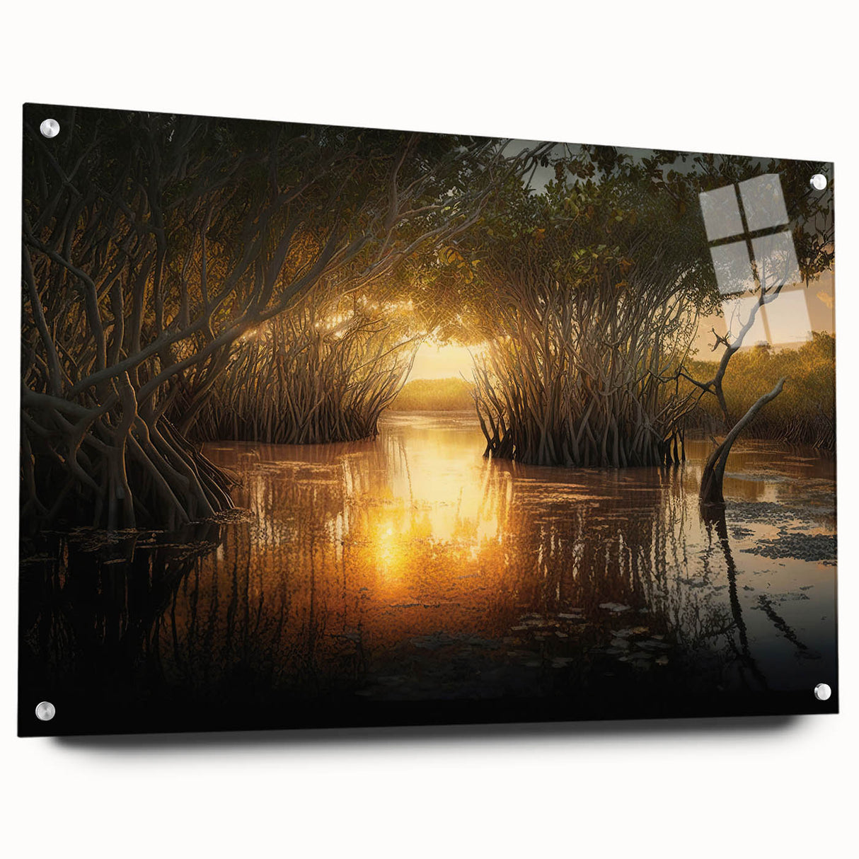 Acrylic print of a large abstract depiction of the Everglades in muted green and blue tones.