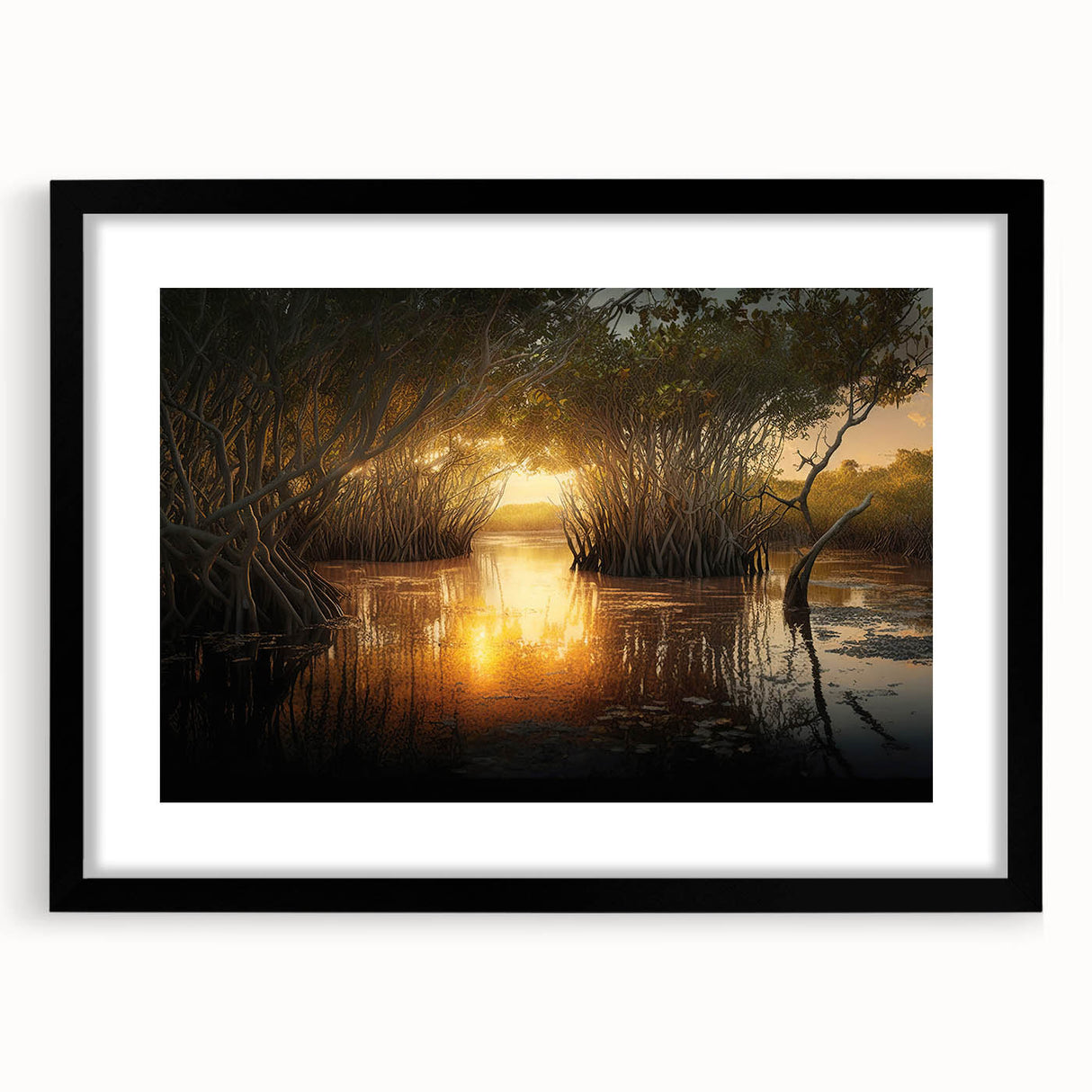 Extra large abstract art print of colorful Everglades scenery on a textured canvas, framed in black.