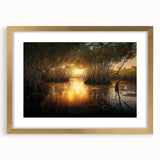 Extra large abstract art print of the Everglades in textured hues of green and blue, framed in gold.