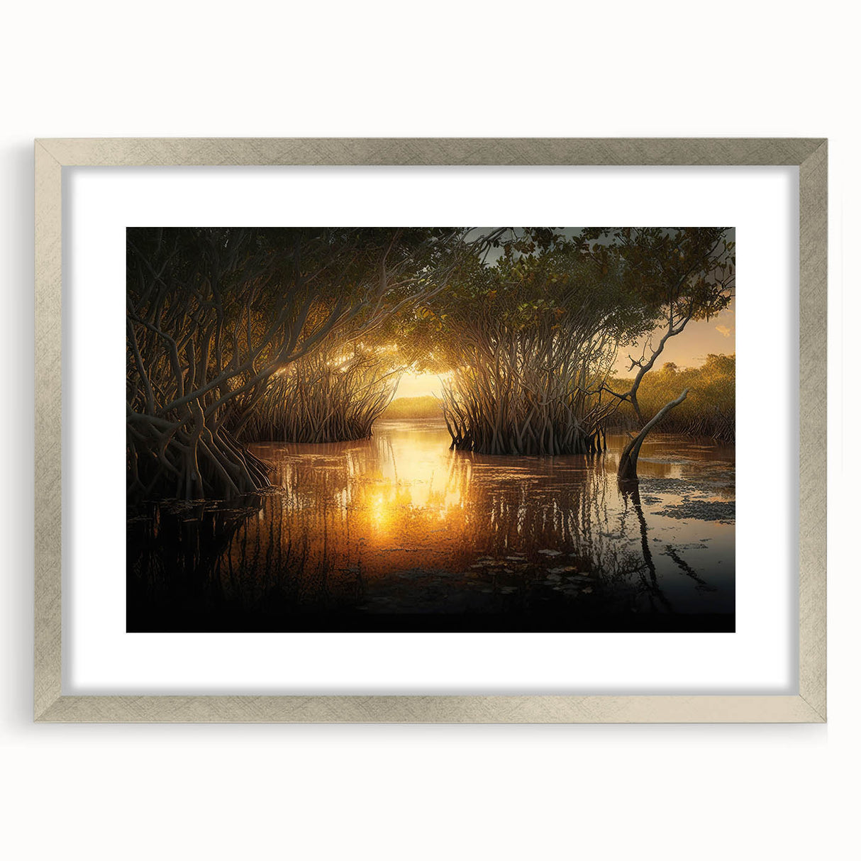 Textured abstract art print depicting the Everglades in muted green and blue tones, framed in silver.