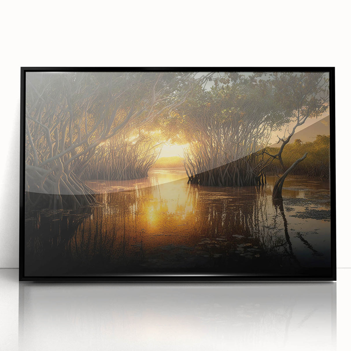 Large abstract wall art of the Everglades in muted green and blue tones, framed in black acrylic.