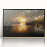 Framed acrylic print of the Everglades with lush greenery and water, in a mid-century modernist style.