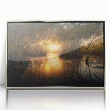 Mid-century modernist art depicting the Everglades in muted green and blue tones on a silver-framed acrylic print.