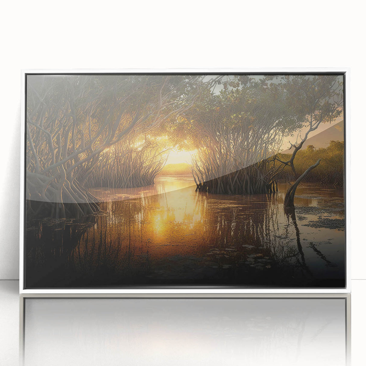 Acrylic print of Everglades scenery with lush greens and blues, framed in white, ideal for modern art wall decor.