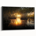Black and white landscape art painting of the Everglades on framed canvas, suitable for bedroom decor.