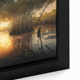 Close-up of black wall art depicting the Everglades with vibrant green and blue textures on a framed canvas.