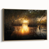 Framed canvas featuring a vintage-style landscape painting of the Everglades, ideal for bedroom wall art.
