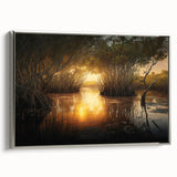 Framed canvas of a vintage-style landscape art painting depicting the Everglades, featuring vibrant greens and blues.