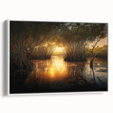 Vintage poster art of the Everglades with vibrant colors on a framed canvas, ideal for living room decor.
