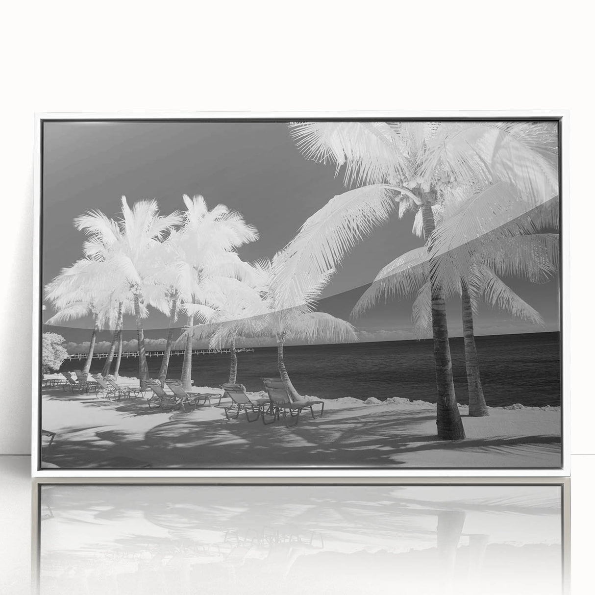 Art deco style poster of Florida Keys scenery in muted blue and green tones, framed acrylic, ideal for modern art wall decor.
