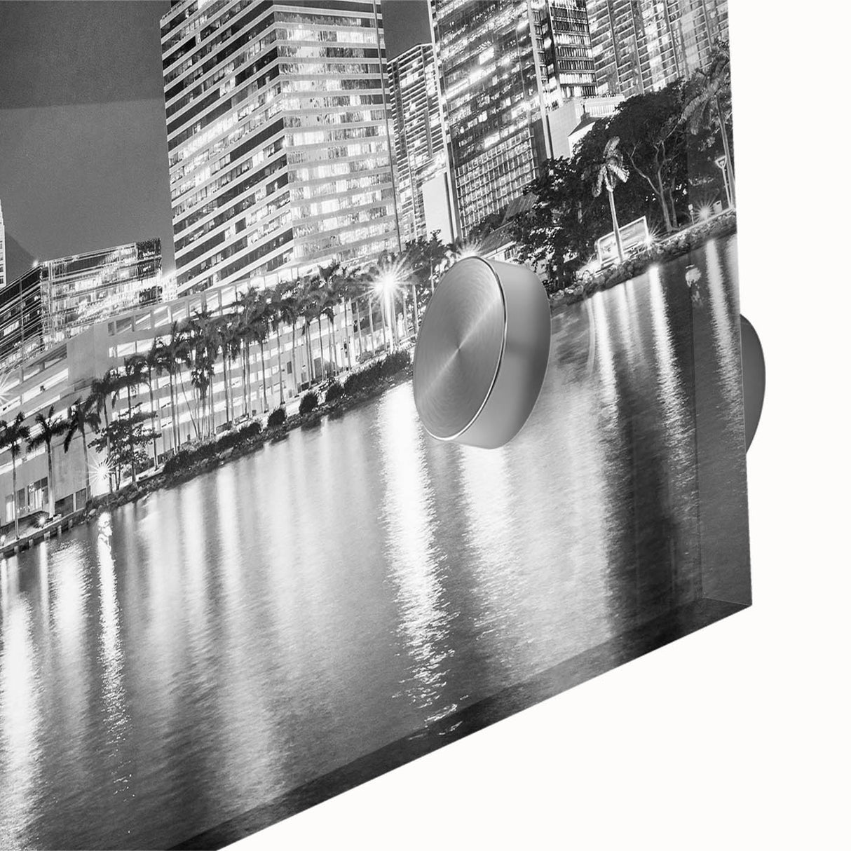 Acrylic print of a large abstract depiction of Miami, featuring vibrant blue and pink tones, ideal for dining room art.