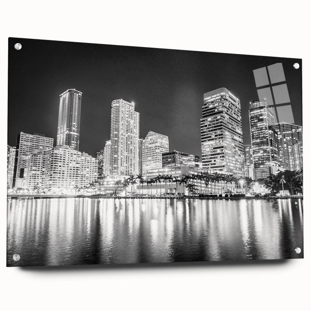 Acrylic print of a large abstract depiction of Miami in vibrant colors, ideal for bedroom or dining room decor.