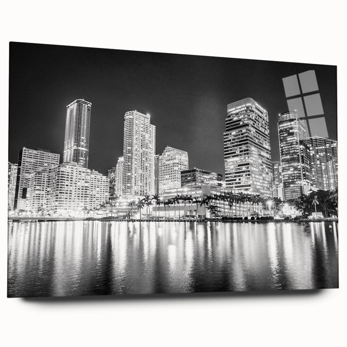 Acrylic print of a large abstract Miami skyline in vibrant sunset hues, ideal for bedroom or dining room art.