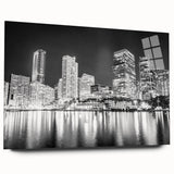 Acrylic print of a large abstract Miami skyline in vibrant sunset hues, ideal for bedroom or dining room art.
