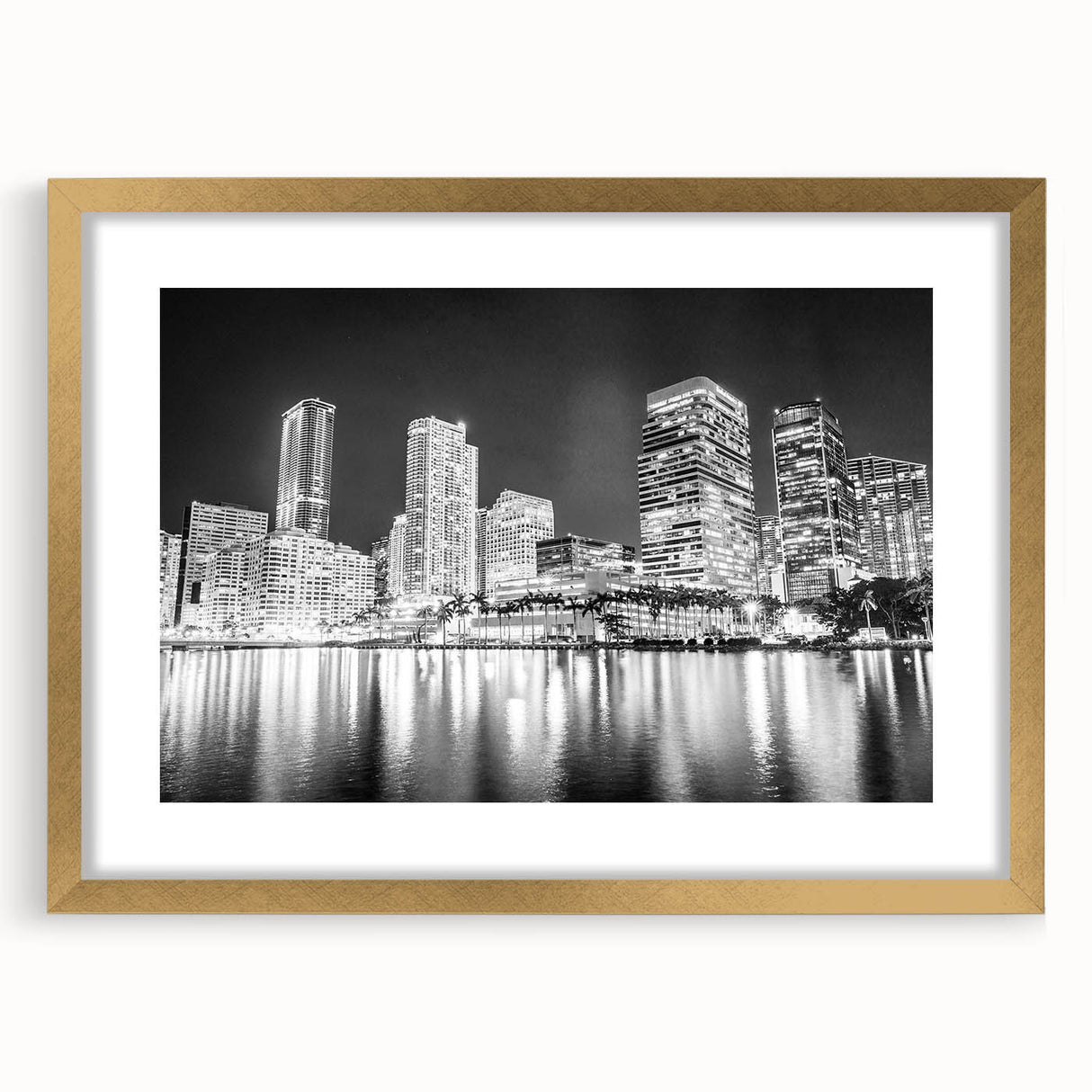 Extra large abstract art print depicting a textured Miami skyline in muted gold tones, framed with a mat.