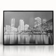 Large abstract wall art depicting a vibrant Miami skyline on black framed acrylic, ideal for modern living room decor.