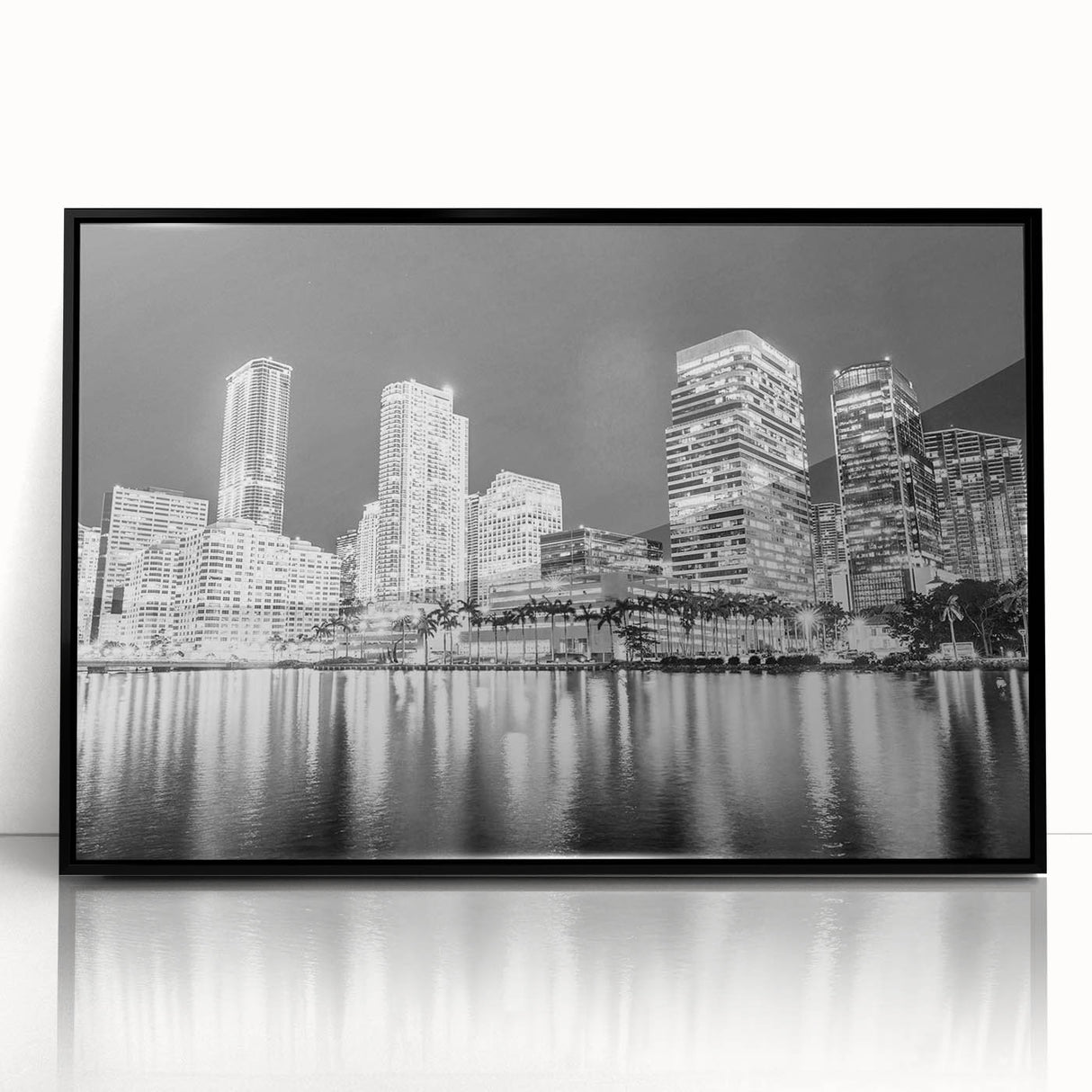 Large abstract wall art depicting a vibrant Miami skyline on black framed acrylic, ideal for modern living room decor.