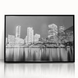 Large abstract wall art depicting a vibrant Miami skyline on black framed acrylic, ideal for modern living room decor.