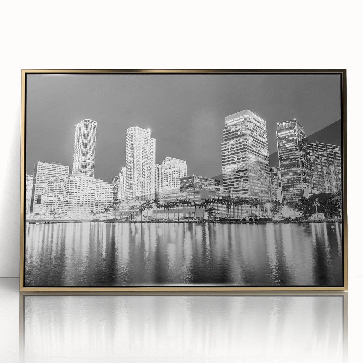 Acrylic print of Miami skyline with gold hues, ideal for modern art wall decor.