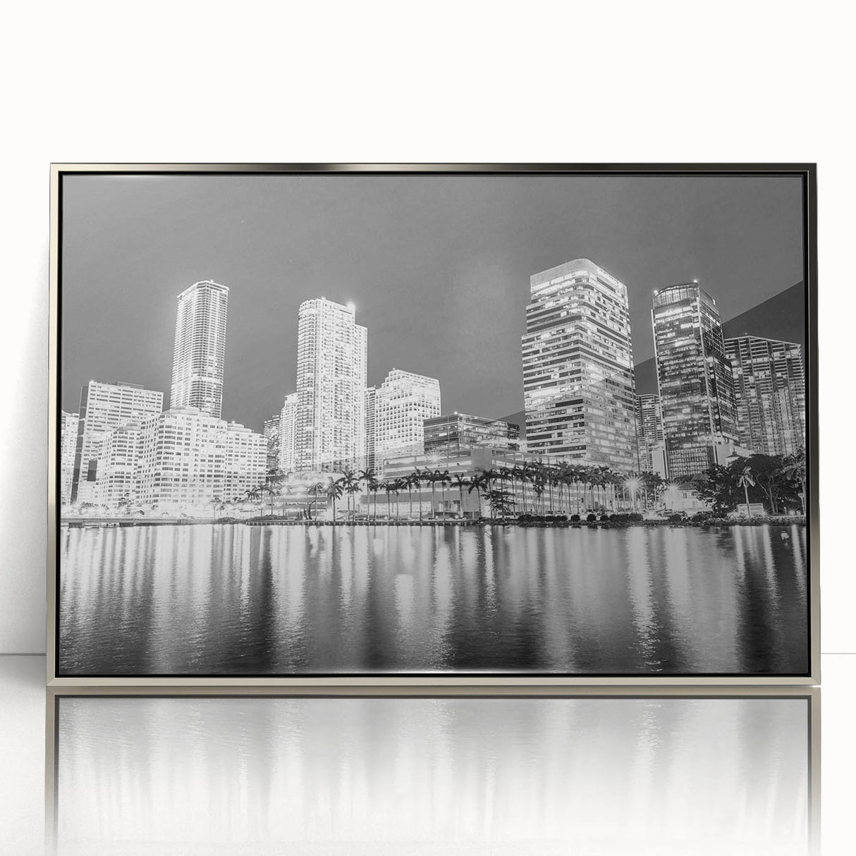 Mid-century modernist art of Miami skyline in muted blue and silver tones on framed acrylic.
