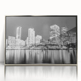 Mid-century modernist art of Miami skyline in muted blue and silver tones on framed acrylic.