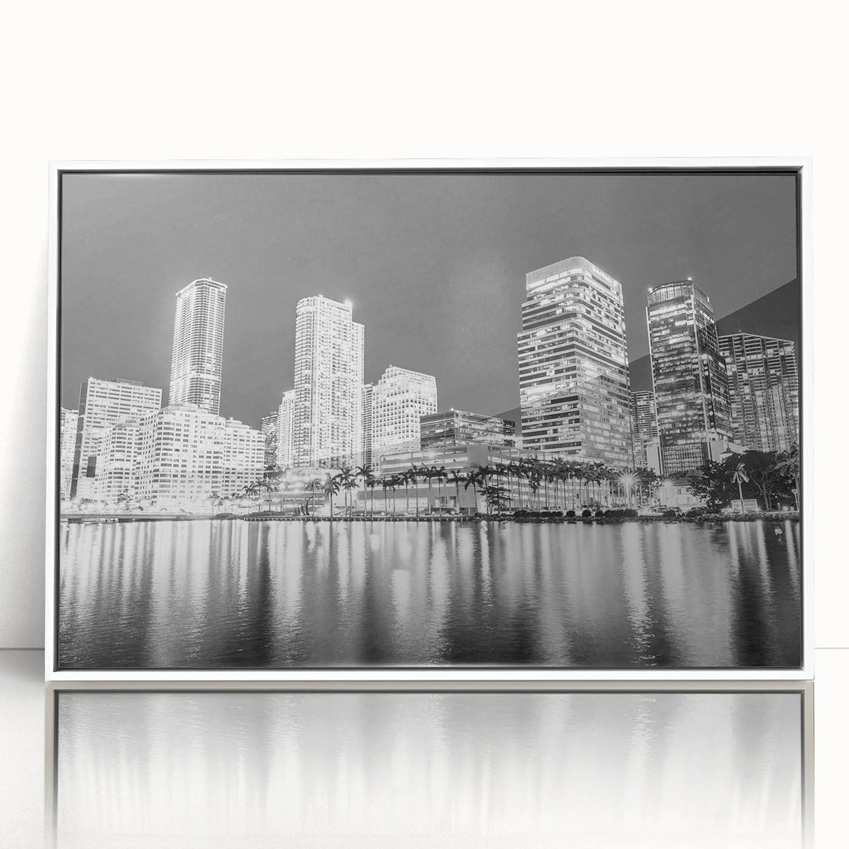 Framed acrylic print of Miami skyline in art deco style with pastel hues, ideal for modern art wall decor.